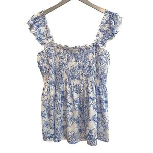 Tank Top XL Blue White Toile Ruched Ruffled Flowy Lomon